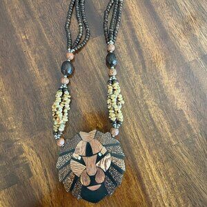 Vintage Beaded Brown Lionhead African Statement Necklace!